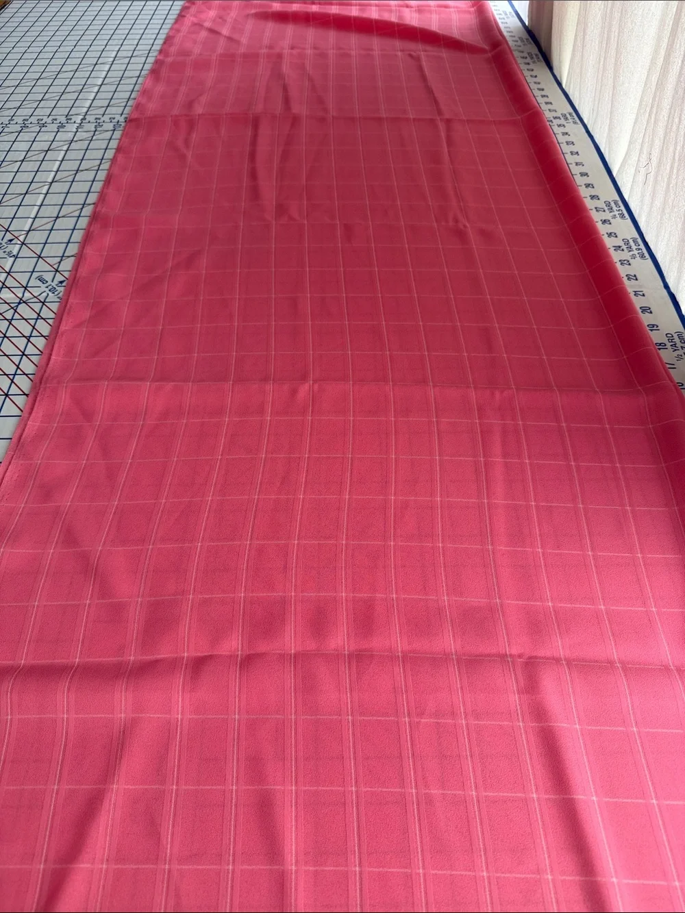 Vintage 1980s Coral Pink Windowpane Plaid Lightweight Drapey Fabric 2 Yards